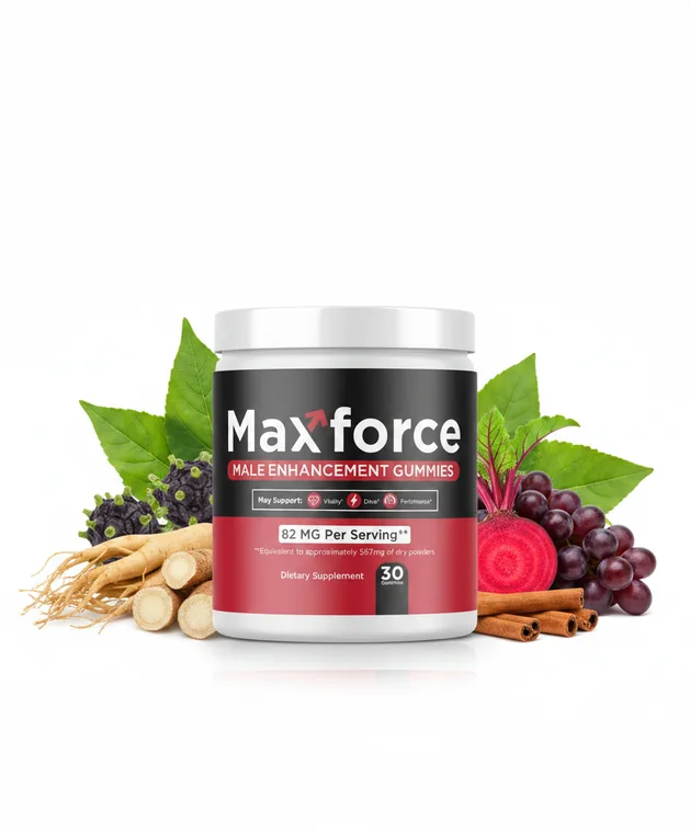 MaxForce male vitality gummies jar surrounded by ginseng root, beetroot, grapes and cinnamon